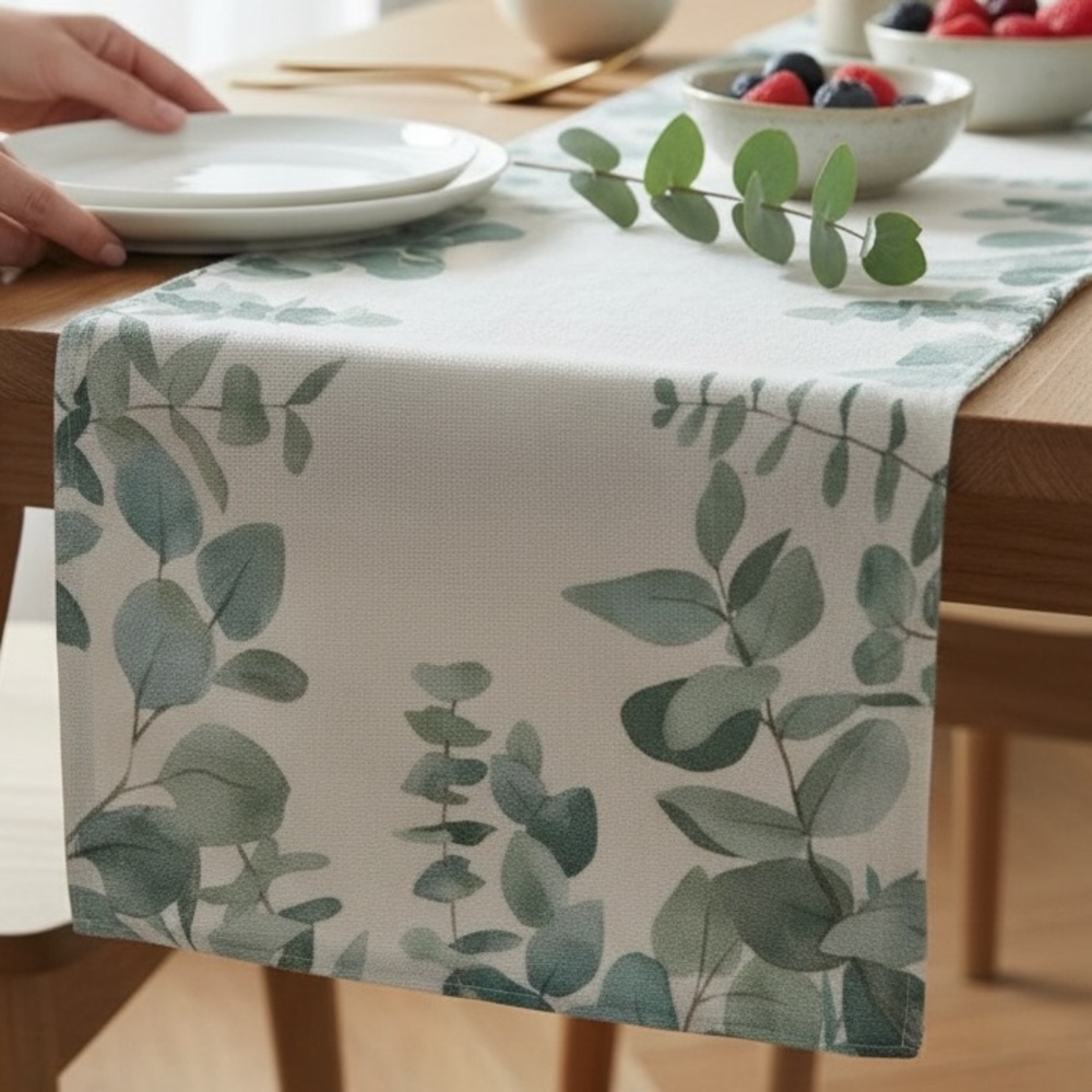 Large 13x120in table runner, green/light beige, leaves/eucalyptus design EUC
